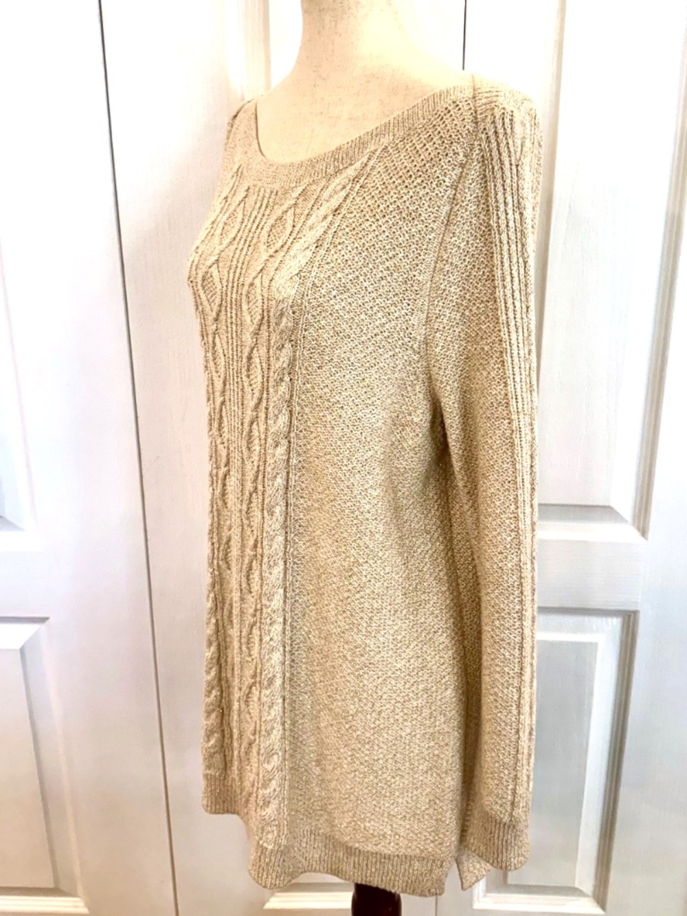 Woman's Sweater,Size Lg by Crown & Ivy, Beige & Sparkling Metallic Gold, Relaxed
